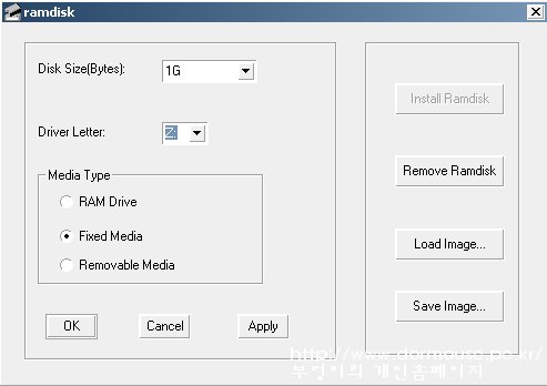 Gavotte RamDisk 의 GUI 환경 설정 프로그램(ramdisk.exe)을 실행하여 1GB 의 램 디스크를 생성한 화면. 아직 PAE 가 설정되지는 않은 상태이다.
