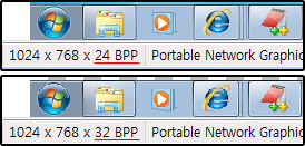 다른 프로그램으로 저장한 스크린샷은 24bpp, 필자의 프로그램으로 저장한 스크린샷은 32bpp이다.
