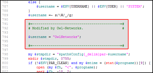 그림 3. par.pl 의 _set_par_temp 서브루틴 중간에 $username = "OwlNetworks"; 라는 줄을 추가해 넣었습니다. 그림에는 나타나지 않았지만, SetupTemp.pm 의 _get_par_user_tempdir 서브루틴에도 동일한 코드를 삽입하였습니다.