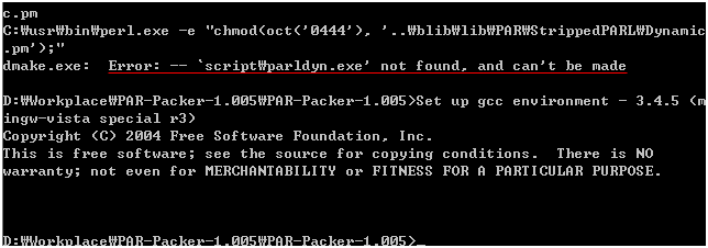 그림 9. PAR::Packer 1.005 버전의 dmake 실패. parldyn.exe 파일을 찾을 수 없다는 오류가 나옵니다.