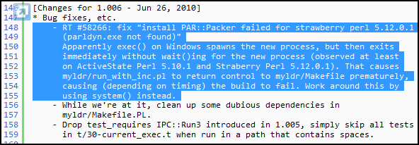 그림 10. PAR::Packer 1.006 버전의 Change Log 내용. 이 오류가 해결되었다는 내용이 보입니다. (푸른색 음영 부분. 로그상으로는 딸기 펄의 문제로 되어 있지만, ActivePerl 에서도 똑같은 문제가 발생합니다.)