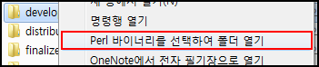 임의의 폴더를 마우스 우클릭하면 이와 같이 Perl 바이너리를 선택하여 콘솔 창을 여는 메뉴가 나타난다.