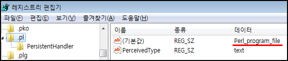 HKEY_CLASSES_ROOT.pl 항목을 찾아간 결과. 기본값에 Perl_program_file 이라고 적혀 있습니다.