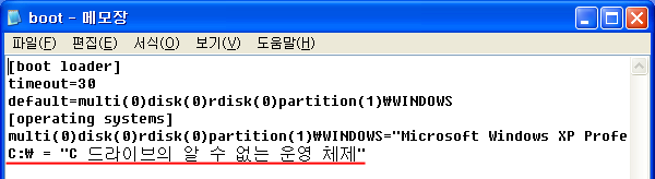boot.ini 파일이 메모장으로 열린 화면. 빨간 색 밑줄 친 곳 전체를 삭제해 주면 된다.