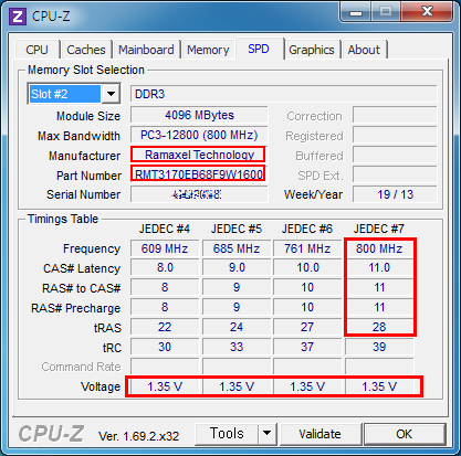 CPU-Z 로 확인해 본 결과 1.35V 에서 동작하는 게 맞습니다. 덧붙여 램 타이밍은 CL11, 제작사는 Ramaxel, 그리고 Part Number 를 확인할 수 있습니다.