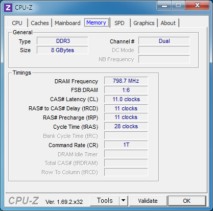 Frequency 값이 800의 근사값 798.7 이 나오고 있고, Channel 도 Dual 로 동작하고 있음이 확인됩니다. 램 타이밍도 11-11-11-28 로 전과 동일합니다. 총 용량 8GB야 당연한 거고..
