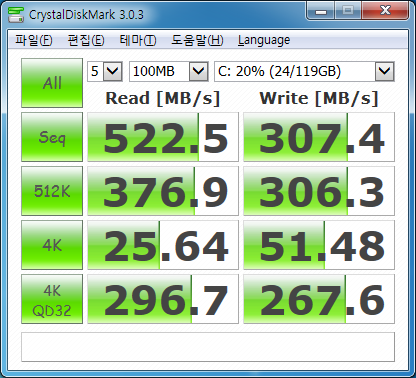 Crystal Disk Mark 검사 결과. 일반 4K 검사 결과, 전체적으로는 나쁘지 않다고 생각하지만, 특히 쓰기 결과가 영 찜찜하다.