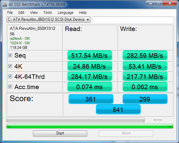 AS SSD Benchmark 검사 결과. 총점은 841점으로 나쁘지 않은 결과지만 마찬가지로 4K 결과가 영 눈에 밟힌다.
